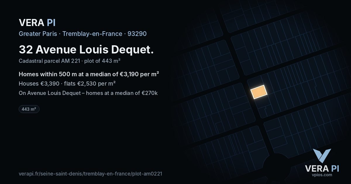 32 Avenue Louis Dequet, Tremblay-en-France at night – the plot lit, the parcels around coloured by the prices near them