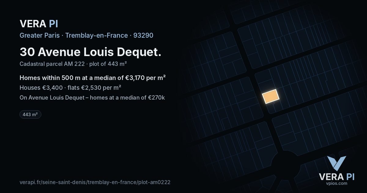 30 Avenue Louis Dequet, Tremblay-en-France at night – the plot lit, the parcels around coloured by the prices near them