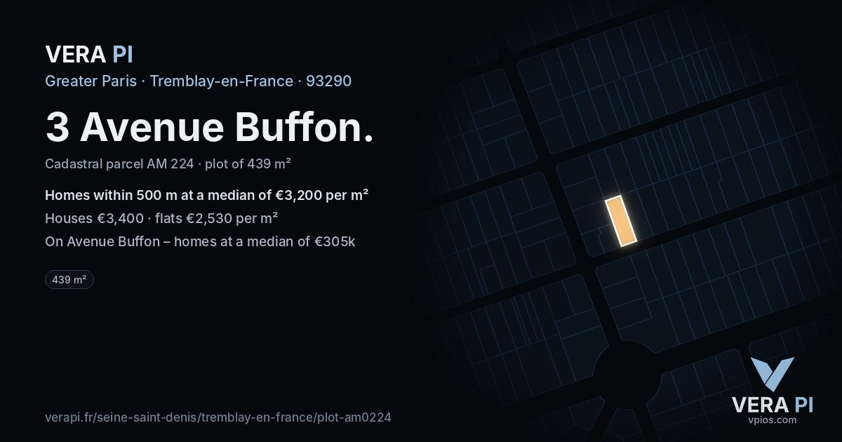 3 Avenue Buffon, Tremblay-en-France at night – the plot lit, the parcels around coloured by the prices near them