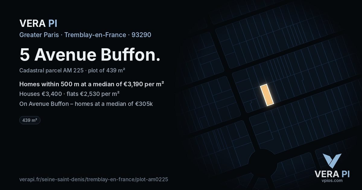 5 Avenue Buffon, Tremblay-en-France at night – the plot lit, the parcels around coloured by the prices near them
