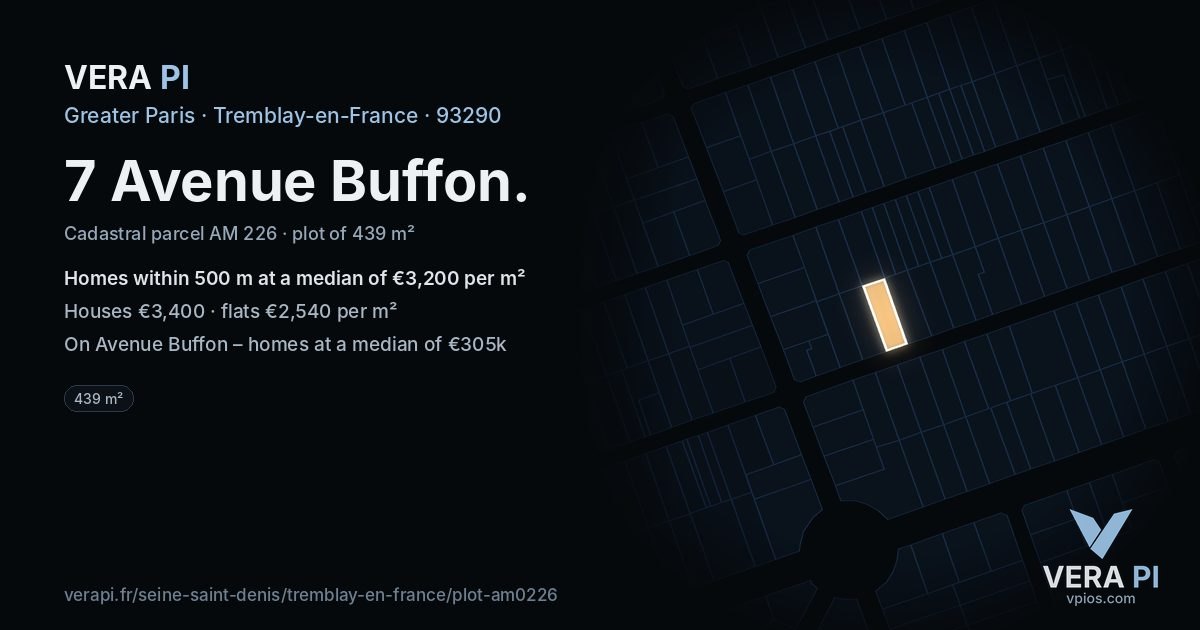 7 Avenue Buffon, Tremblay-en-France at night – the plot lit, the parcels around coloured by the prices near them