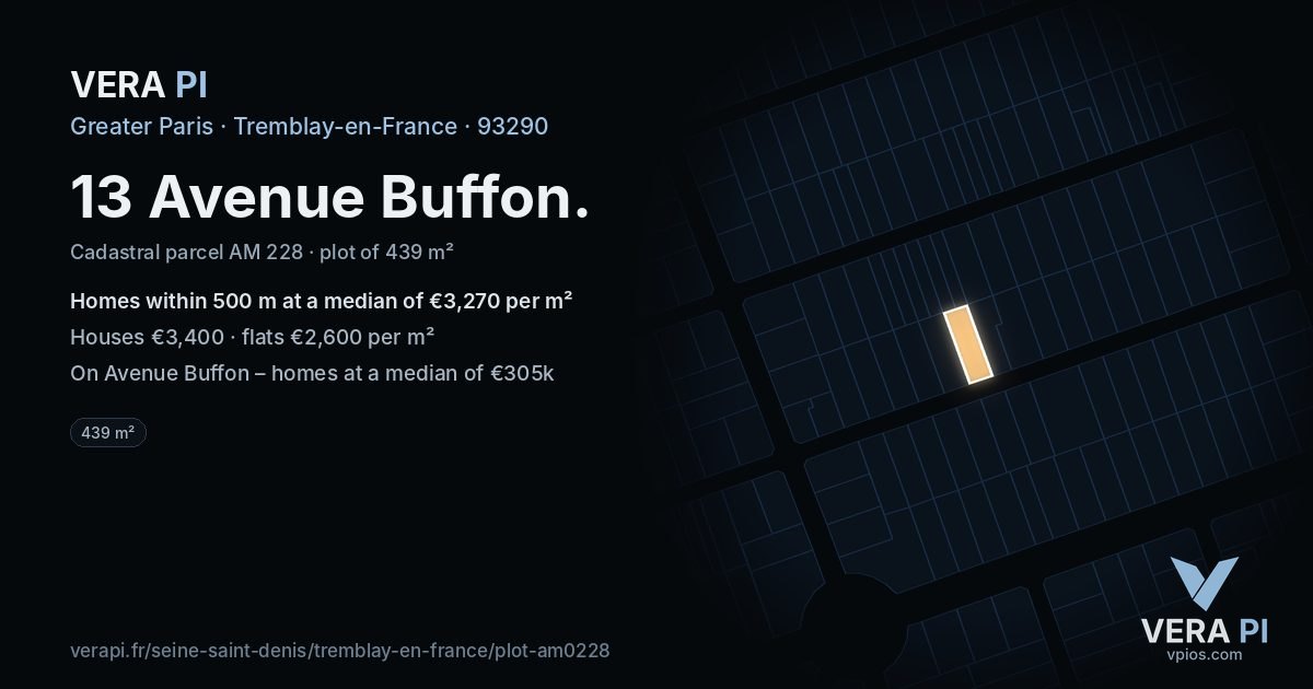 13 Avenue Buffon, Tremblay-en-France at night – the plot lit, the parcels around coloured by the prices near them