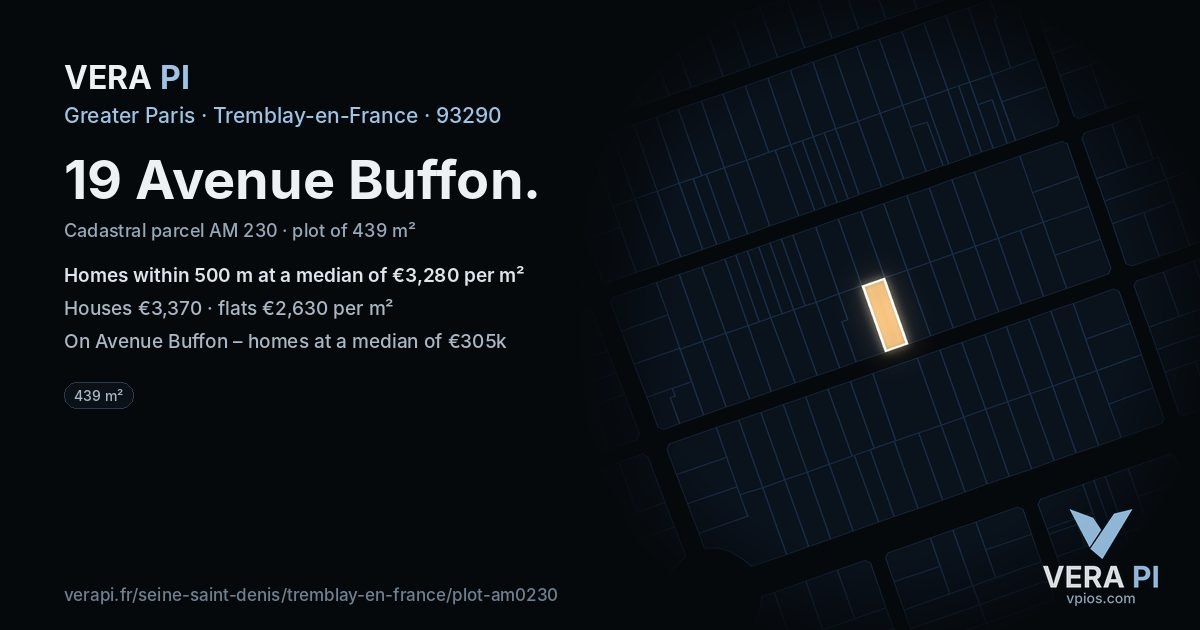 19 Avenue Buffon, Tremblay-en-France at night – the plot lit, the parcels around coloured by the prices near them