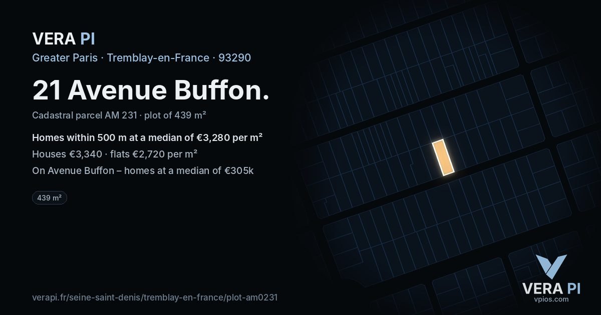 21 Avenue Buffon, Tremblay-en-France at night – the plot lit, the parcels around coloured by the prices near them