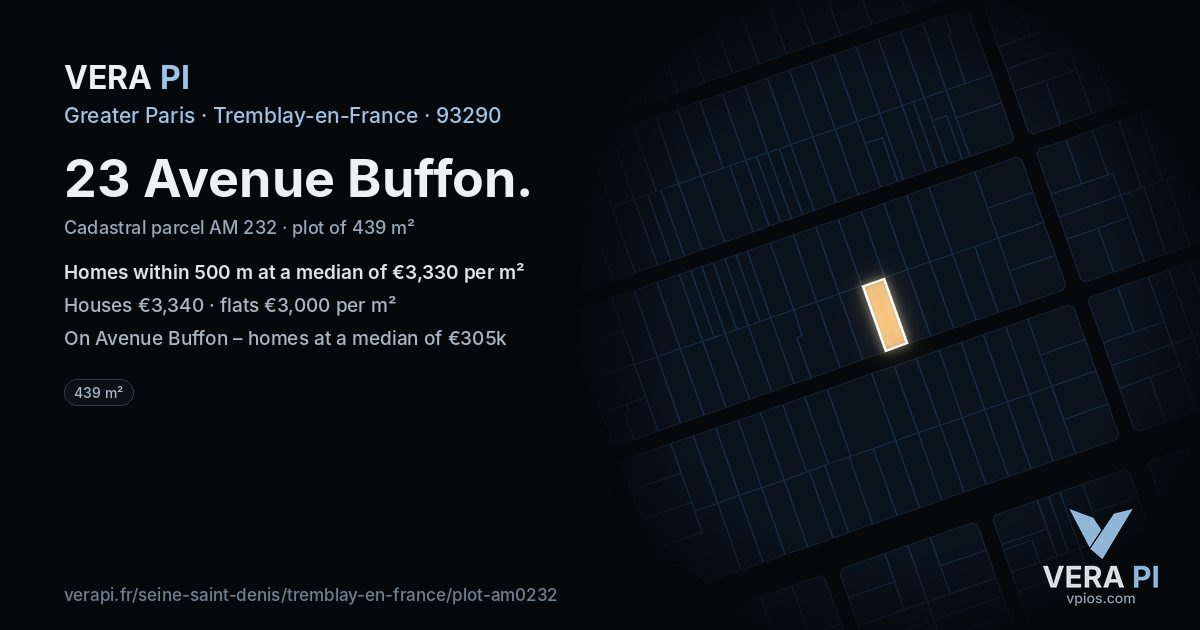 23 Avenue Buffon, Tremblay-en-France at night – the plot lit, the parcels around coloured by the prices near them