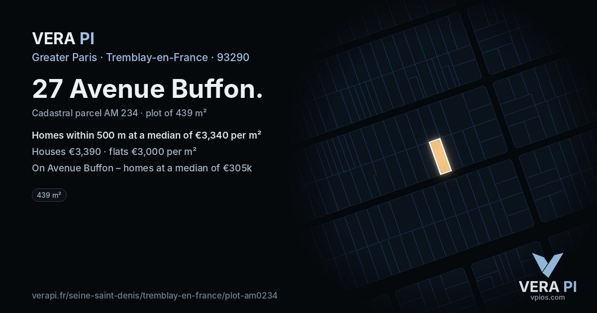 27 Avenue Buffon, Tremblay-en-France at night – the plot lit, the parcels around coloured by the prices near them