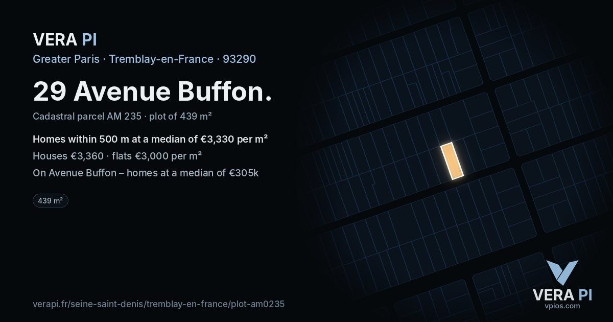 29 Avenue Buffon, Tremblay-en-France at night – the plot lit, the parcels around coloured by the prices near them