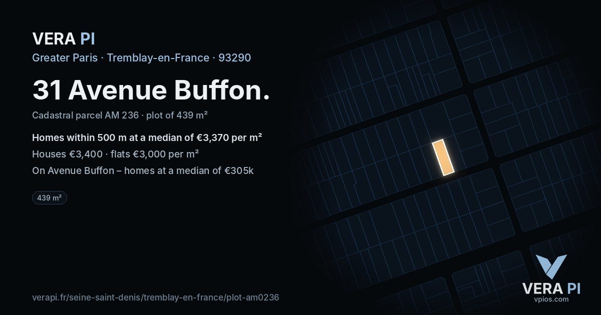 31 Avenue Buffon, Tremblay-en-France at night – the plot lit, the parcels around coloured by the prices near them