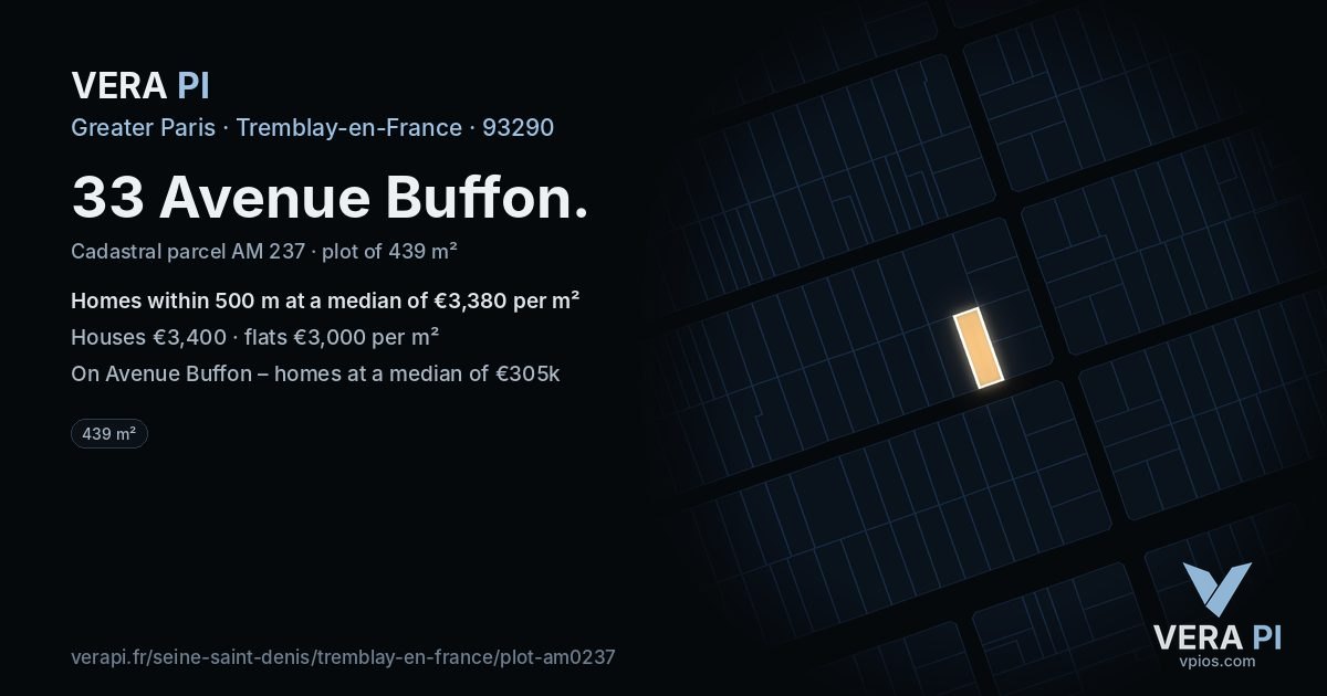 33 Avenue Buffon, Tremblay-en-France at night – the plot lit, the parcels around coloured by the prices near them