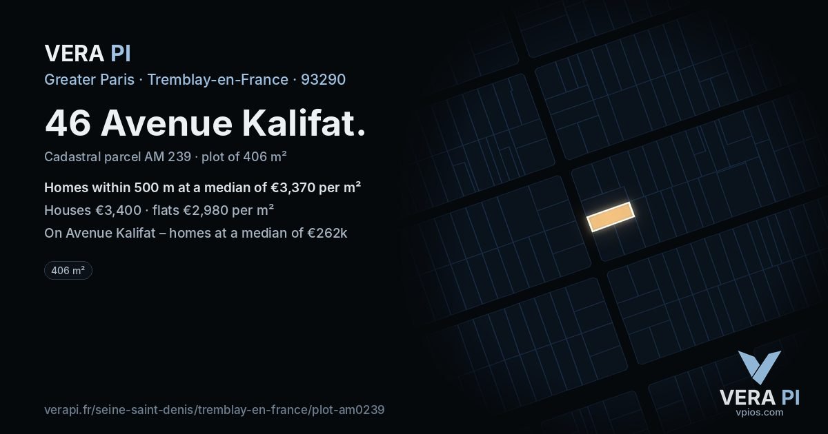 46 Avenue Kalifat, Tremblay-en-France at night – the plot lit, the parcels around coloured by the prices near them