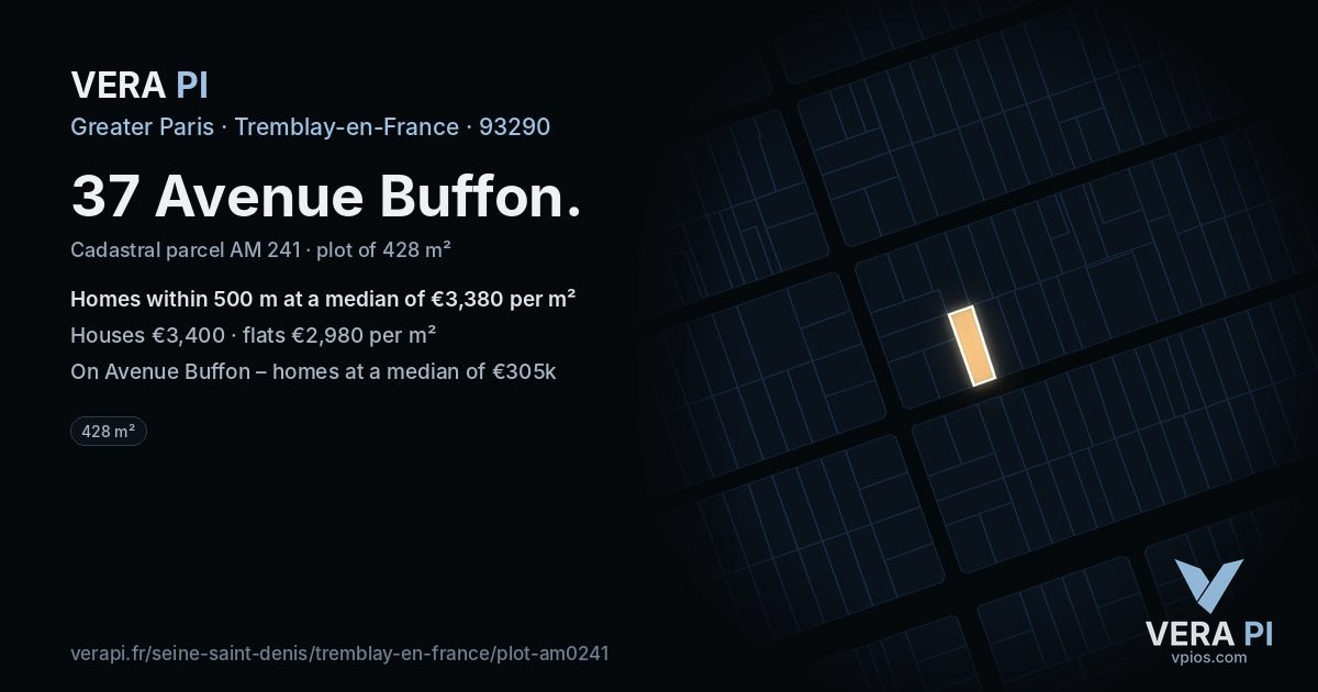 37 Avenue Buffon, Tremblay-en-France at night – the plot lit, the parcels around coloured by the prices near them
