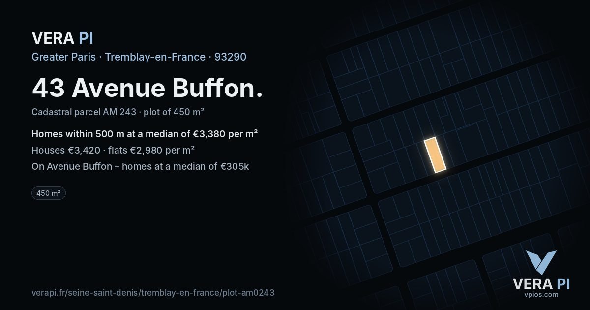 43 Avenue Buffon, Tremblay-en-France at night – the plot lit, the parcels around coloured by the prices near them
