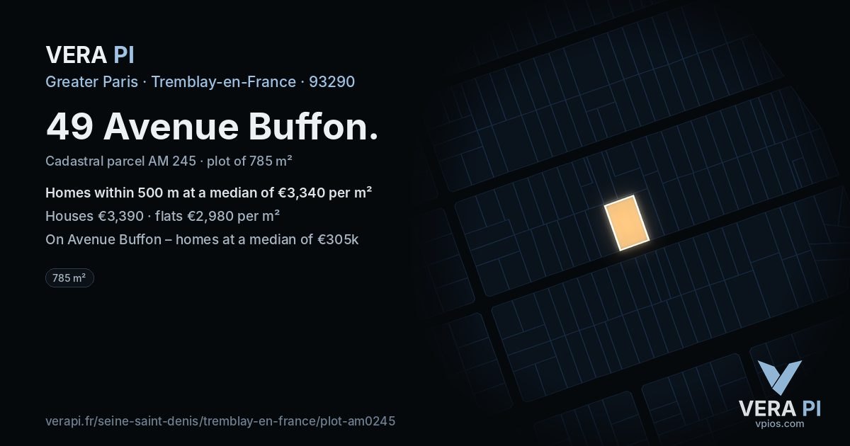 49 Avenue Buffon, Tremblay-en-France at night – the plot lit, the parcels around coloured by the prices near them