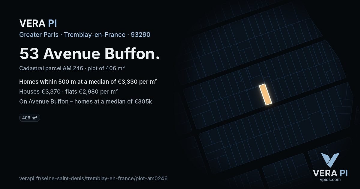 53 Avenue Buffon, Tremblay-en-France at night – the plot lit, the parcels around coloured by the prices near them