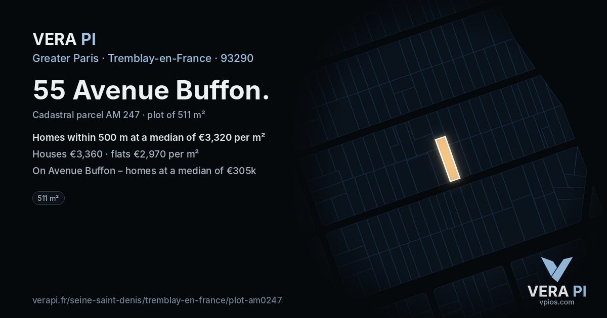 55 Avenue Buffon, Tremblay-en-France at night – the plot lit, the parcels around coloured by the prices near them