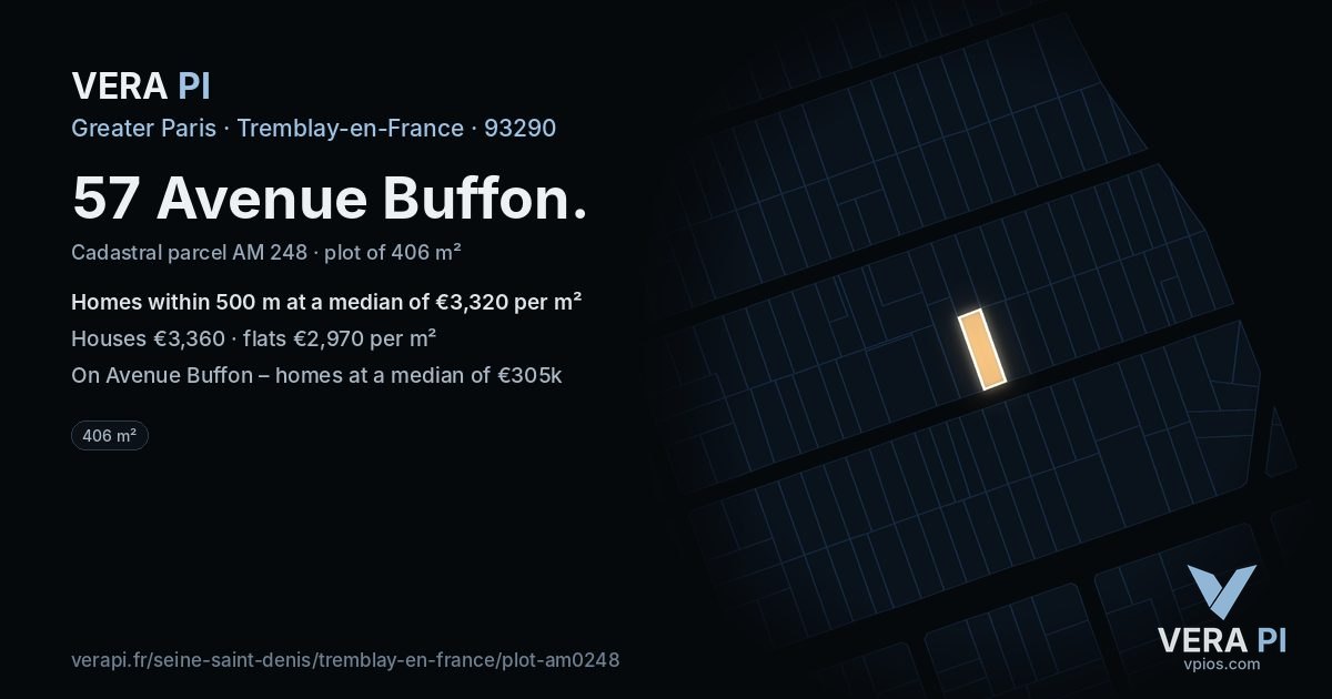 57 Avenue Buffon, Tremblay-en-France at night – the plot lit, the parcels around coloured by the prices near them