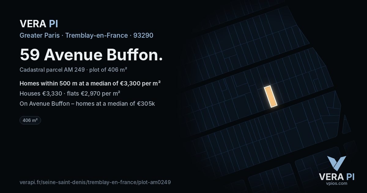 59 Avenue Buffon, Tremblay-en-France at night – the plot lit, the parcels around coloured by the prices near them