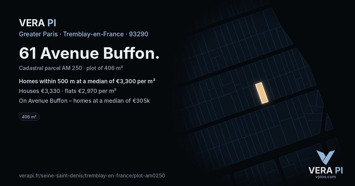 61 Avenue Buffon, Tremblay-en-France at night – the plot lit, the parcels around coloured by the prices near them