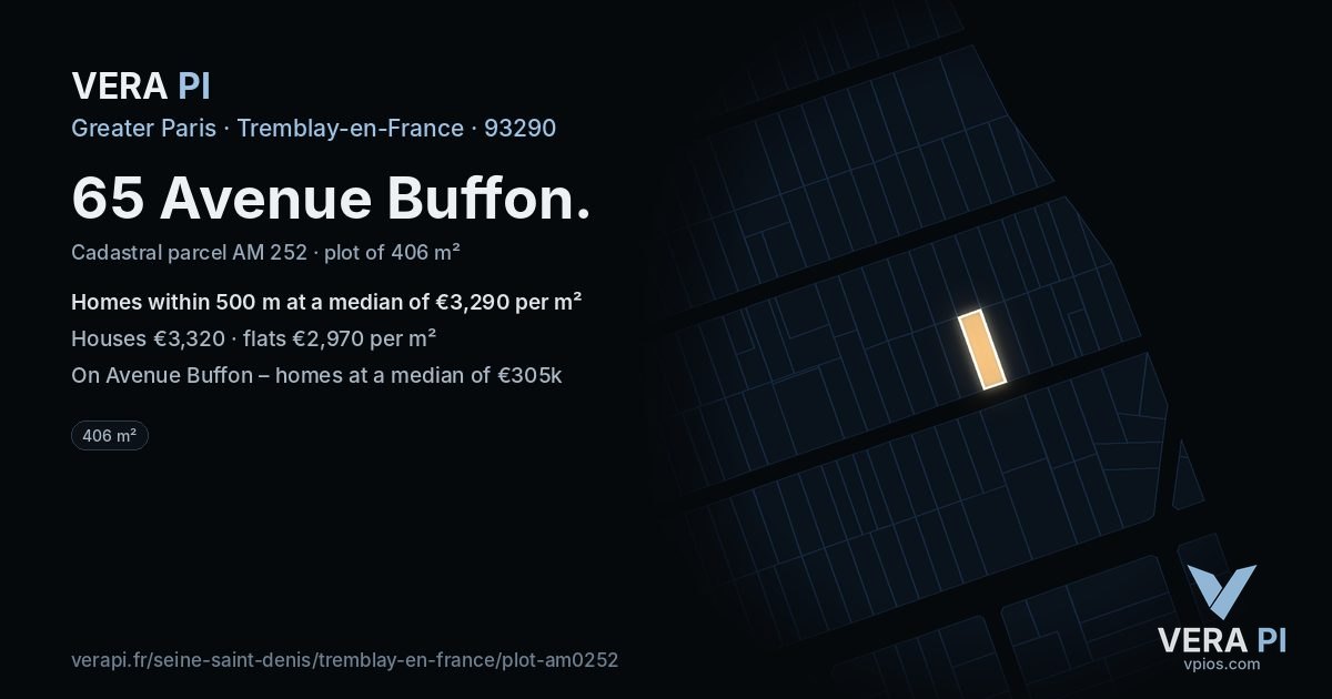65 Avenue Buffon, Tremblay-en-France at night – the plot lit, the parcels around coloured by the prices near them