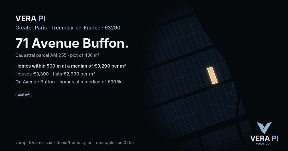 71 Avenue Buffon, Tremblay-en-France at night – the plot lit, the parcels around coloured by the prices near them