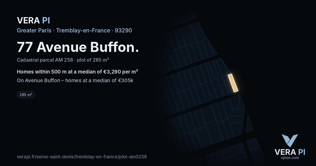 77 Avenue Buffon, Tremblay-en-France at night – the plot lit, the parcels around coloured by the prices near them