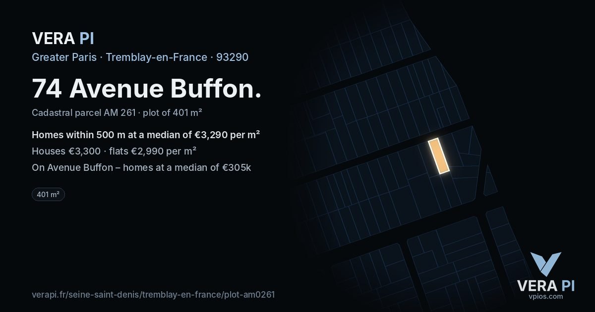 74 Avenue Buffon, Tremblay-en-France at night – the plot lit, the parcels around coloured by the prices near them