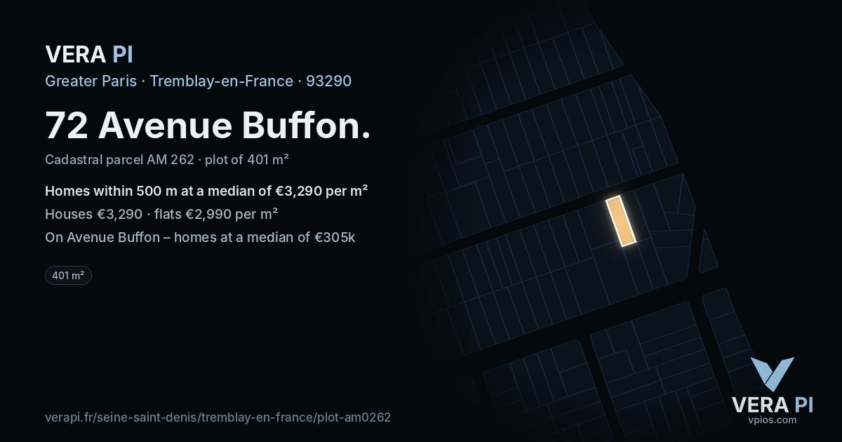72 Avenue Buffon, Tremblay-en-France at night – the plot lit, the parcels around coloured by the prices near them