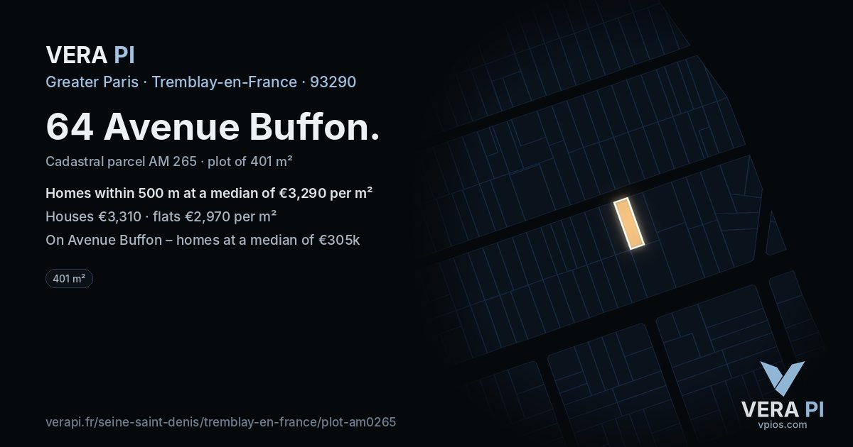 64 Avenue Buffon, Tremblay-en-France at night – the plot lit, the parcels around coloured by the prices near them