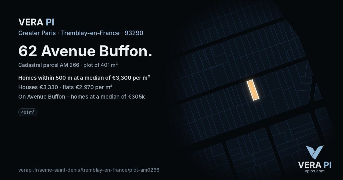 62 Avenue Buffon, Tremblay-en-France at night – the plot lit, the parcels around coloured by the prices near them