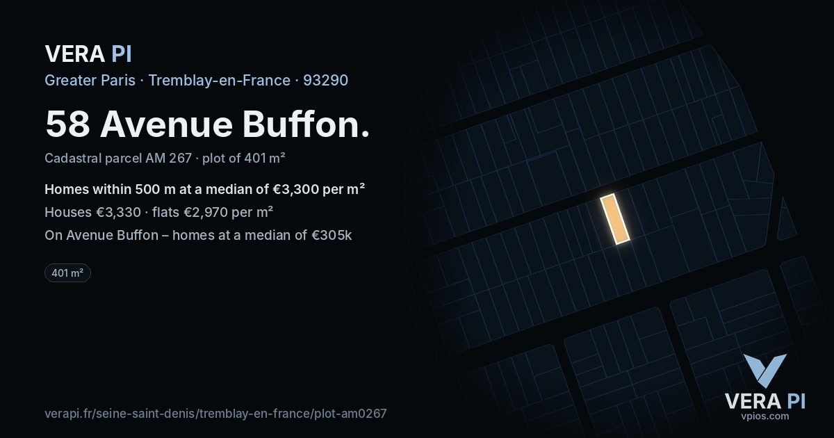 58 Avenue Buffon, Tremblay-en-France at night – the plot lit, the parcels around coloured by the prices near them