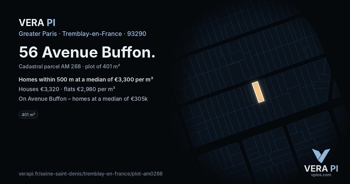 56 Avenue Buffon, Tremblay-en-France at night – the plot lit, the parcels around coloured by the prices near them