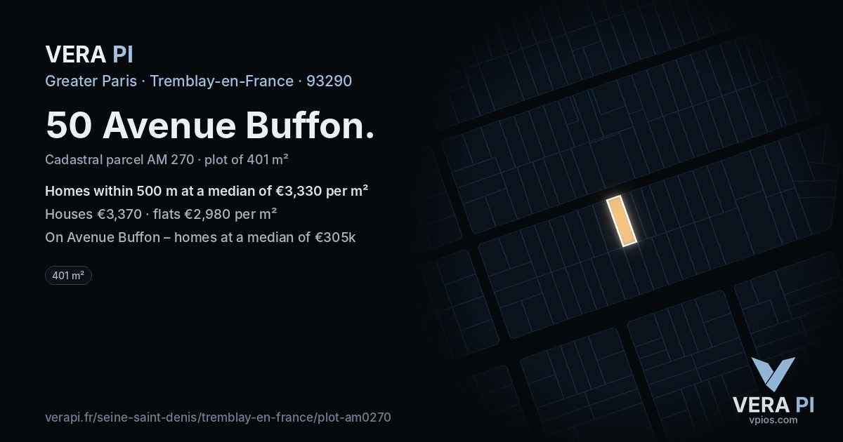 50 Avenue Buffon, Tremblay-en-France at night – the plot lit, the parcels around coloured by the prices near them