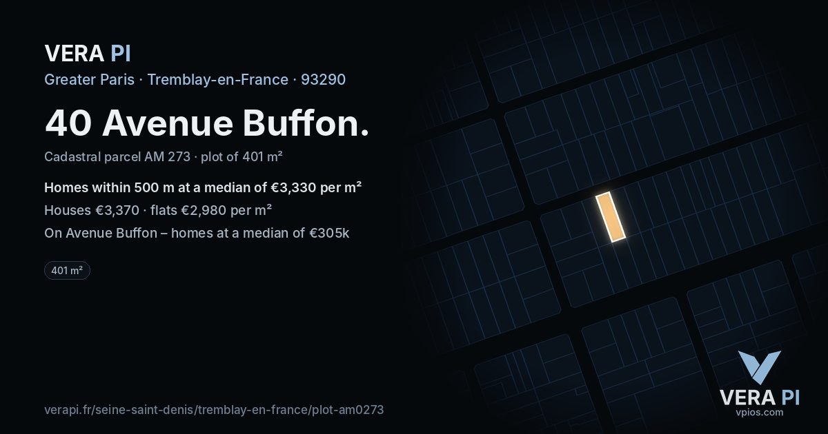 40 Avenue Buffon, Tremblay-en-France at night – the plot lit, the parcels around coloured by the prices near them