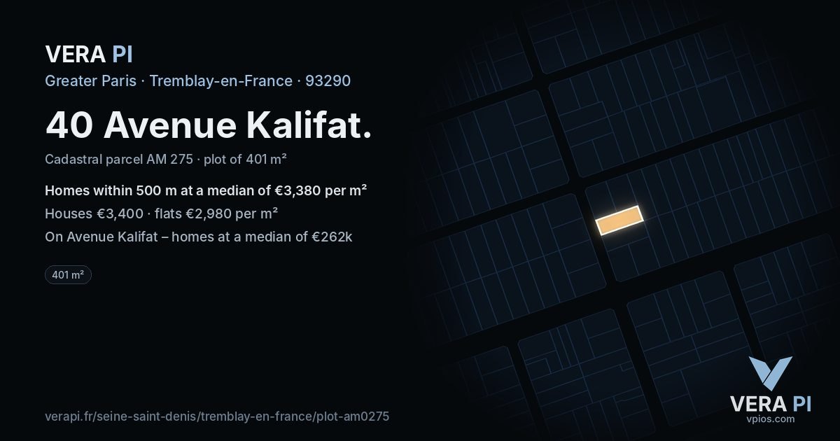 40 Avenue Kalifat, Tremblay-en-France at night – the plot lit, the parcels around coloured by the prices near them