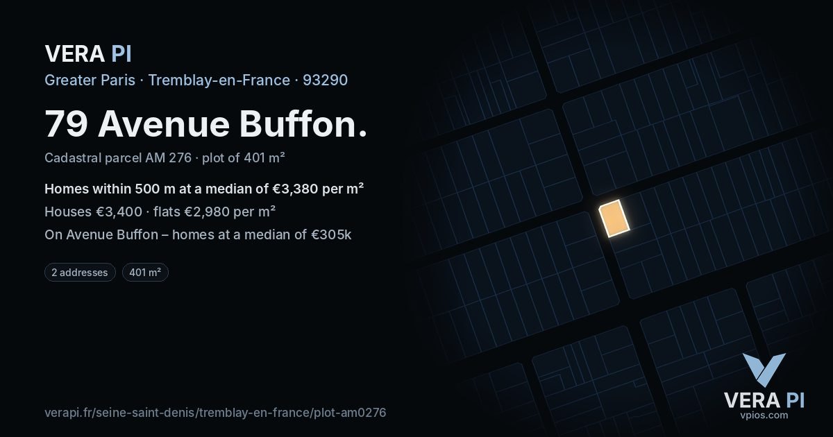 79 Avenue Buffon, Tremblay-en-France at night – the plot lit, the parcels around coloured by the prices near them