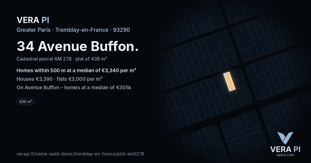 34 Avenue Buffon, Tremblay-en-France at night – the plot lit, the parcels around coloured by the prices near them