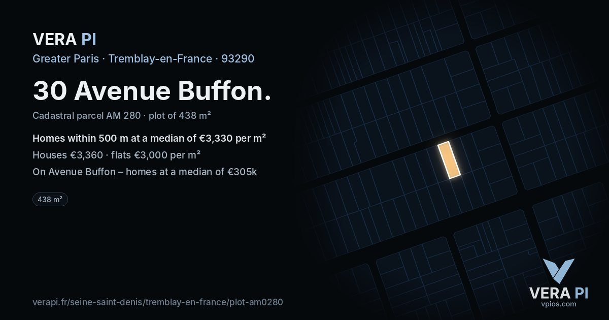 30 Avenue Buffon, Tremblay-en-France at night – the plot lit, the parcels around coloured by the prices near them