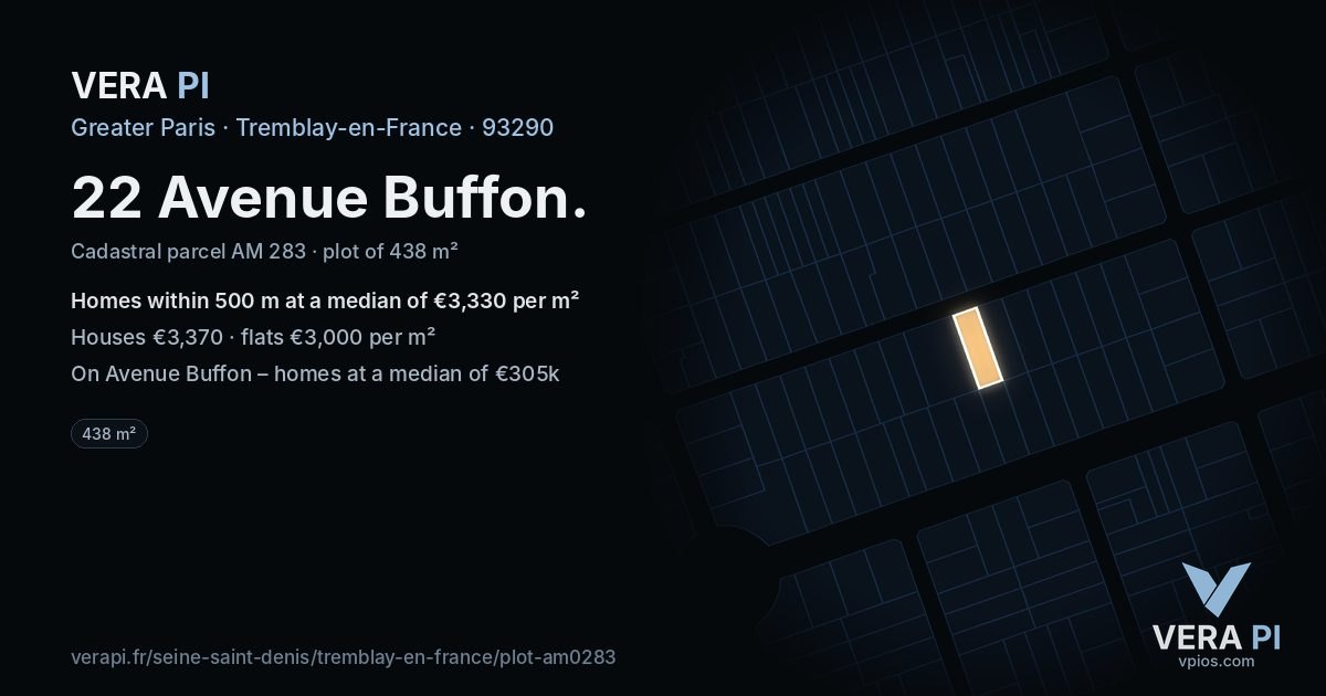 22 Avenue Buffon, Tremblay-en-France at night – the plot lit, the parcels around coloured by the prices near them