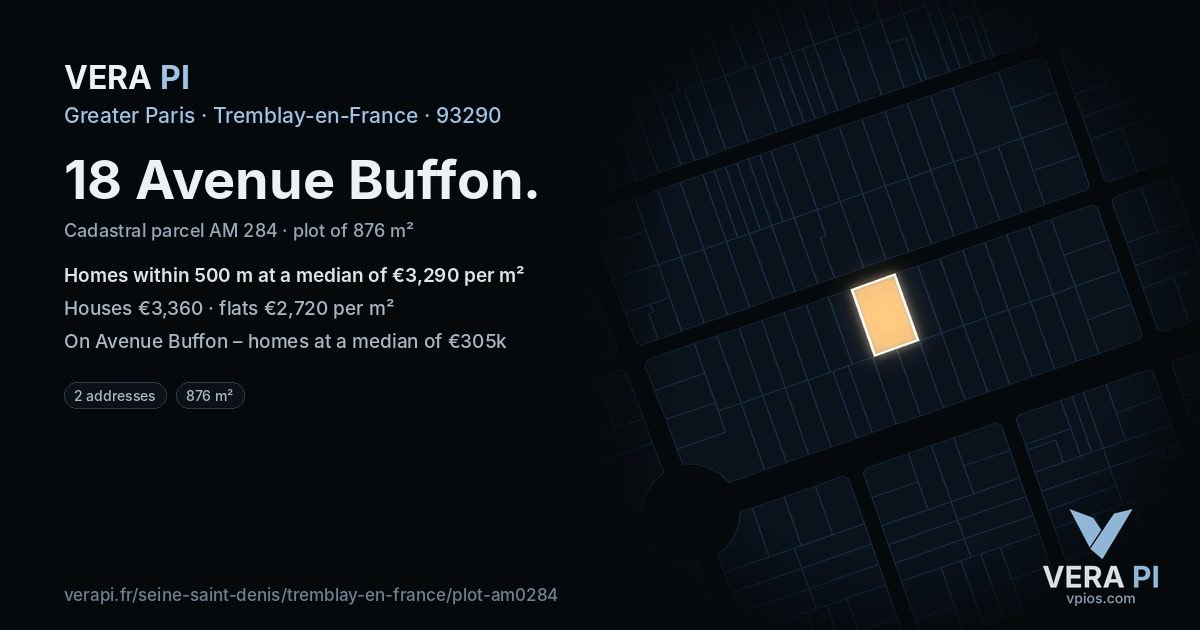 18 Avenue Buffon, Tremblay-en-France at night – the plot lit, the parcels around coloured by the prices near them