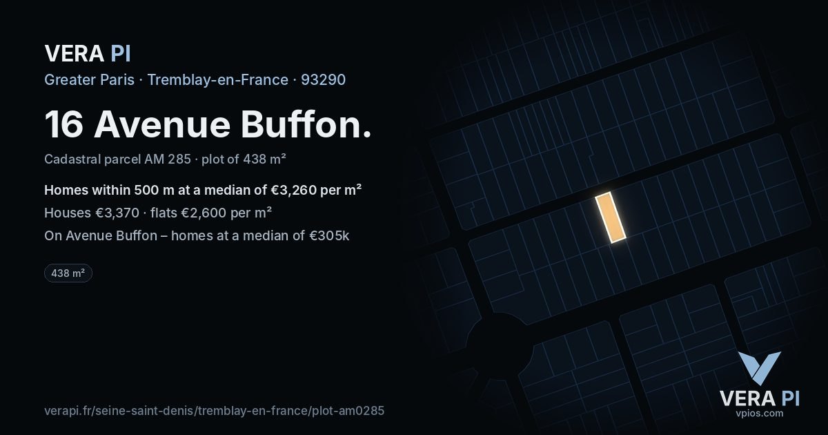 16 Avenue Buffon, Tremblay-en-France at night – the plot lit, the parcels around coloured by the prices near them
