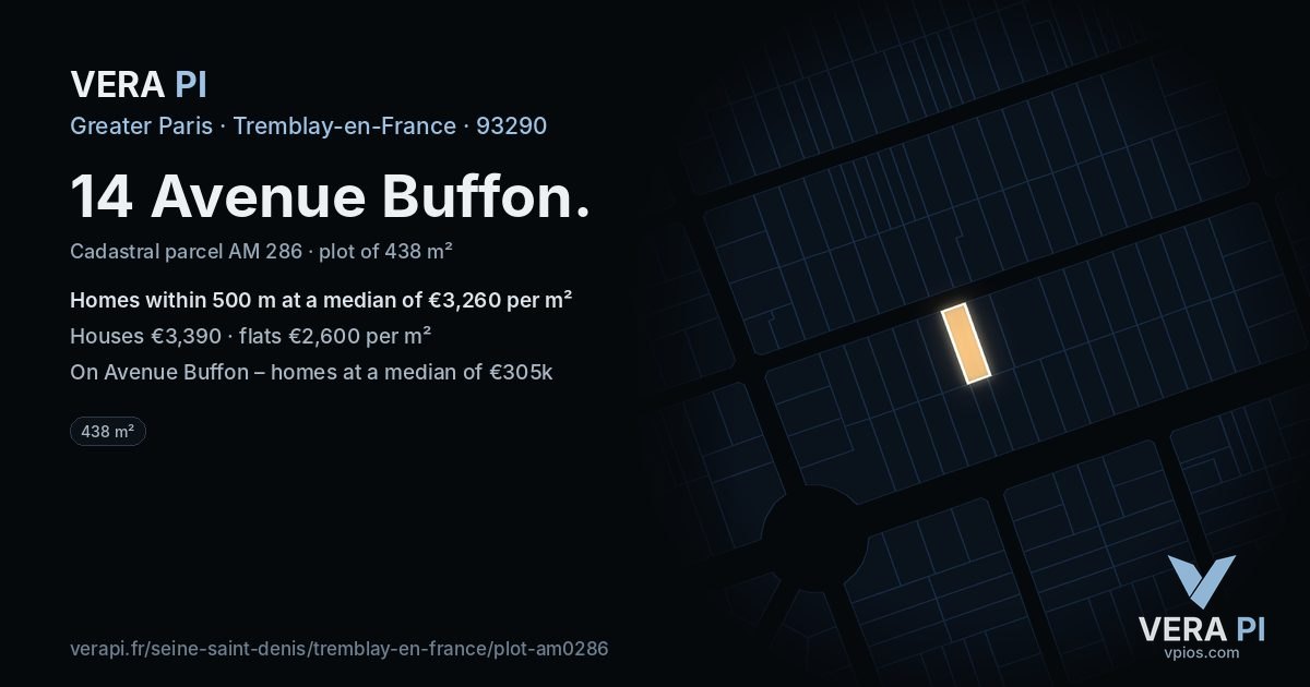 14 Avenue Buffon, Tremblay-en-France at night – the plot lit, the parcels around coloured by the prices near them