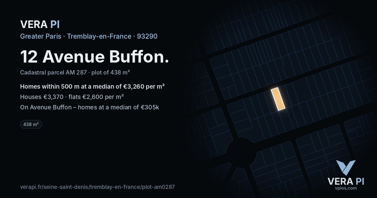 12 Avenue Buffon, Tremblay-en-France at night – the plot lit, the parcels around coloured by the prices near them