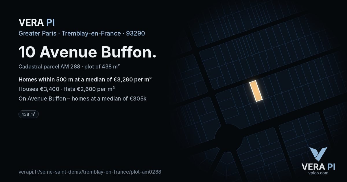 10 Avenue Buffon, Tremblay-en-France at night – the plot lit, the parcels around coloured by the prices near them