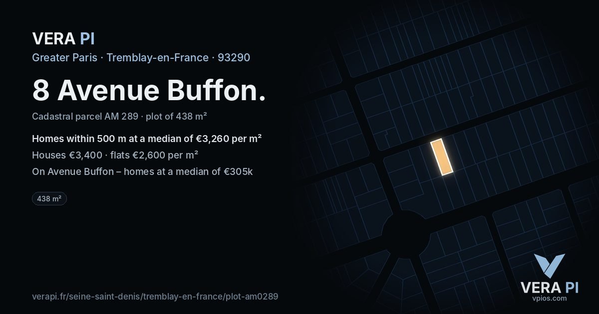 8 Avenue Buffon, Tremblay-en-France at night – the plot lit, the parcels around coloured by the prices near them