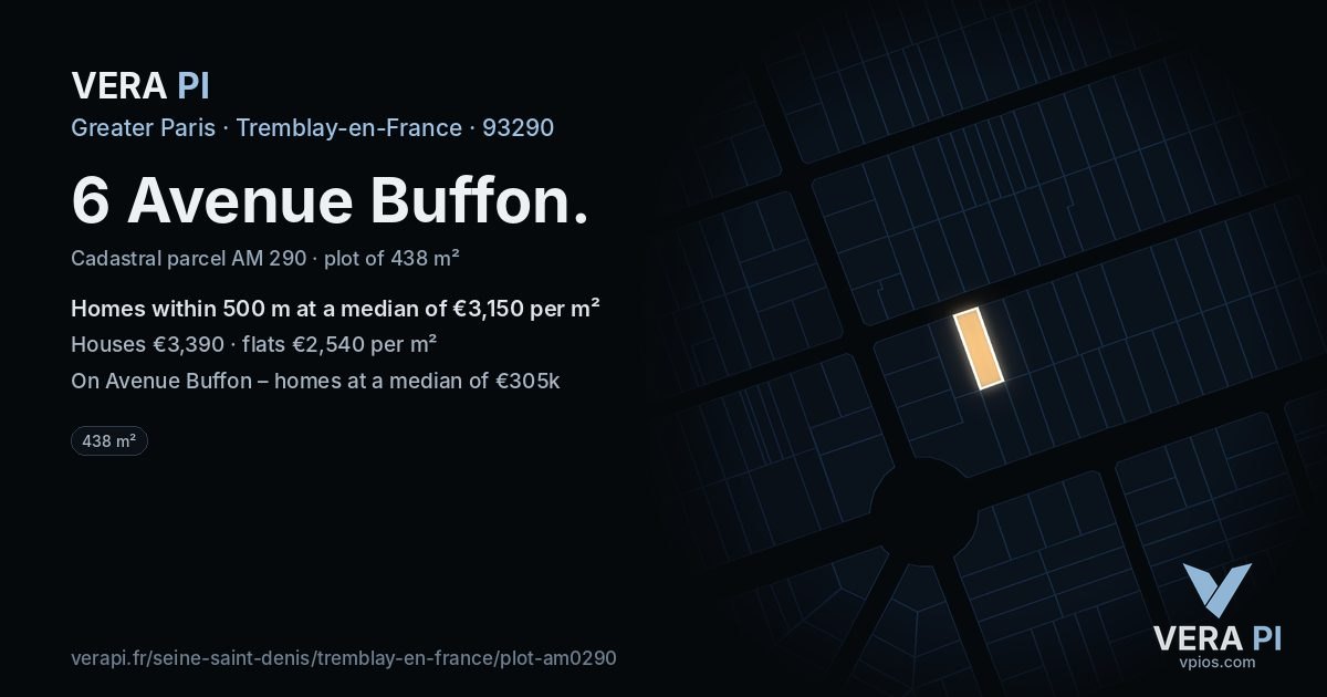 6 Avenue Buffon, Tremblay-en-France at night – the plot lit, the parcels around coloured by the prices near them
