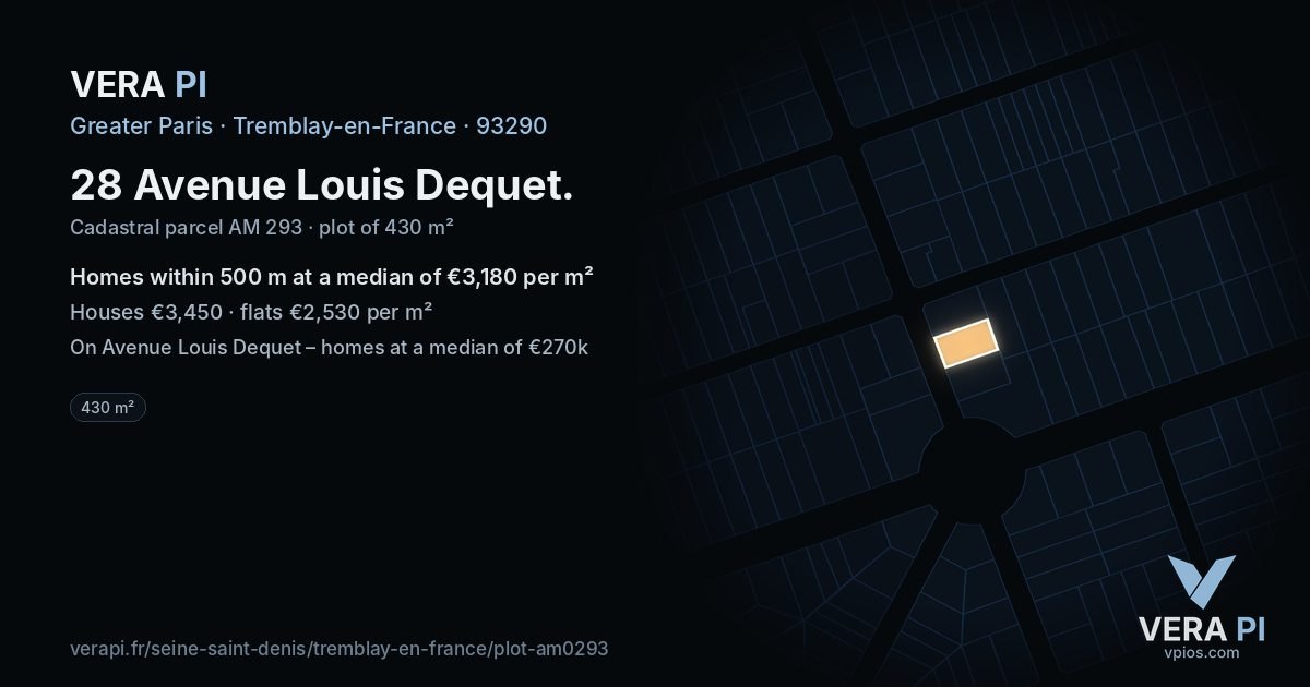28 Avenue Louis Dequet, Tremblay-en-France at night – the plot lit, the parcels around coloured by the prices near them