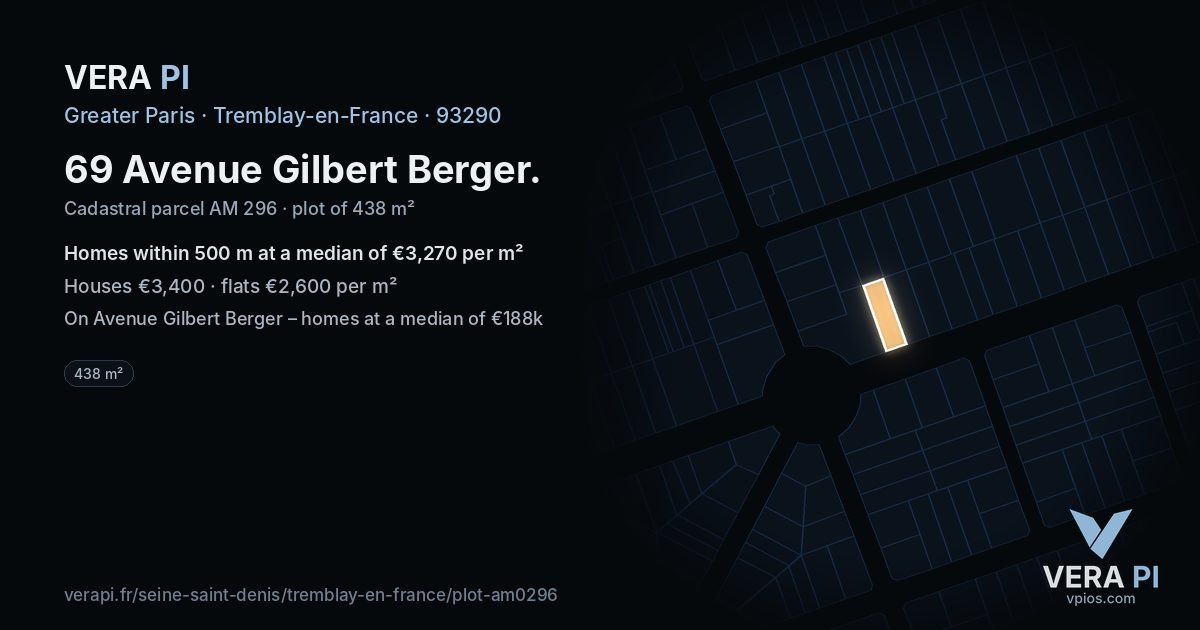69 Avenue Gilbert Berger, Tremblay-en-France at night – the plot lit, the parcels around coloured by the prices near them