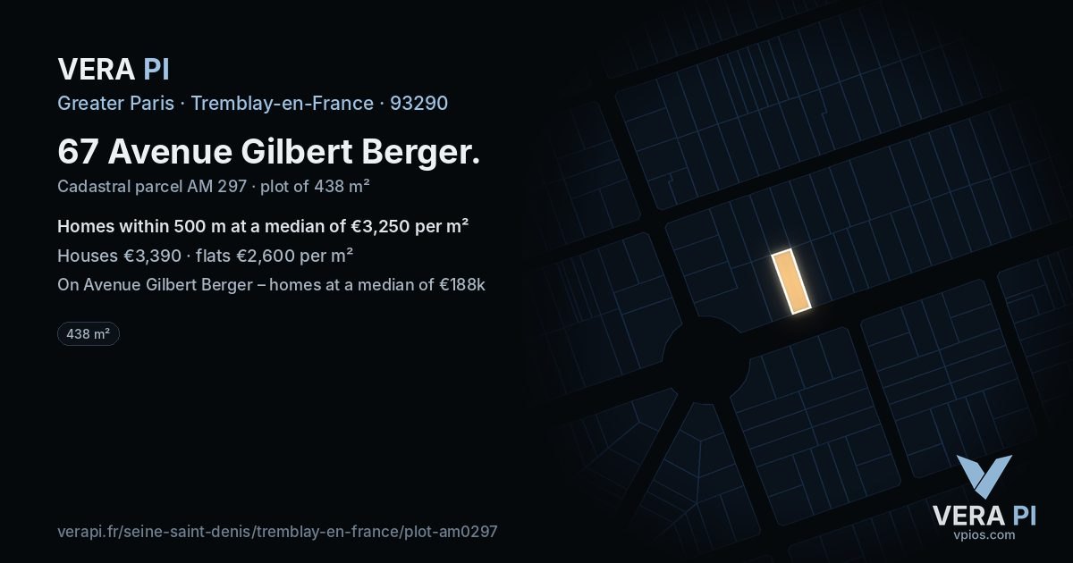 67 Avenue Gilbert Berger, Tremblay-en-France at night – the plot lit, the parcels around coloured by the prices near them