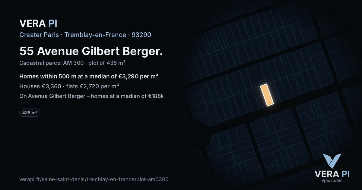 55 Avenue Gilbert Berger, Tremblay-en-France at night – the plot lit, the parcels around coloured by the prices near them