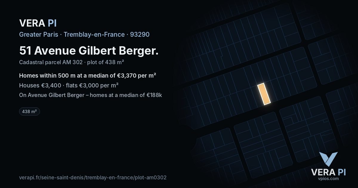 51 Avenue Gilbert Berger, Tremblay-en-France at night – the plot lit, the parcels around coloured by the prices near them